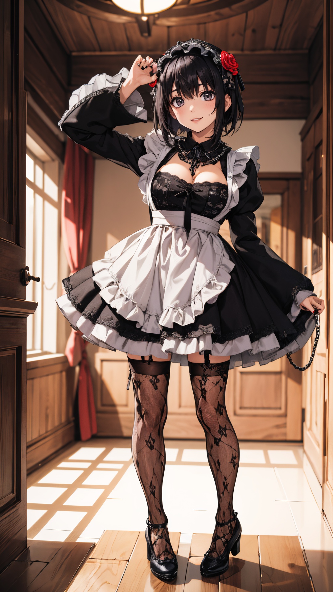 tutututu,1girl,solo,Kuroe Shizuku,lolita fashion,apron,pantyhose,gothic lolita,black dress,frills,hair flower,hair ornament,chain leash,black nails,wide sleeves,lace trim,long sleeves,rose,black footwear,black necktie,maid,fishnets,maid headdress,detached collar,red flower,thighhighs,hairband,chain,floral print,lolita hairband,garter straps,black thighhighs,lace,<lora:Kuroe Shizuku_Lolita-000007:0.5>,(masterpiece:1.2),(best quality:1.2),(extremely detailed:1.2),(extremely detailed face),(full body shot:1.2),1girl,big breasts,fit and petite body,black hair,short hair,irohams,looking at viewer,grinning,spread legs,squat seductively on the table,in luxurious tavern,