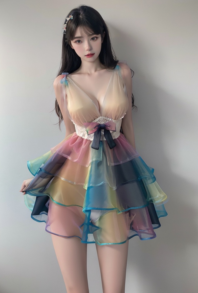 (masterpiece, best quality:1.4),finely detailed,1girl,solo,pale skin,perfect body,standing,bow,dress,panties,see-through,underwear,(white background wall),<lora:killer性感透视柔纱彩虹连衣裙v1.0-000008:0.8>,(cowboy_shot:1.2),(large breasts:1.2),