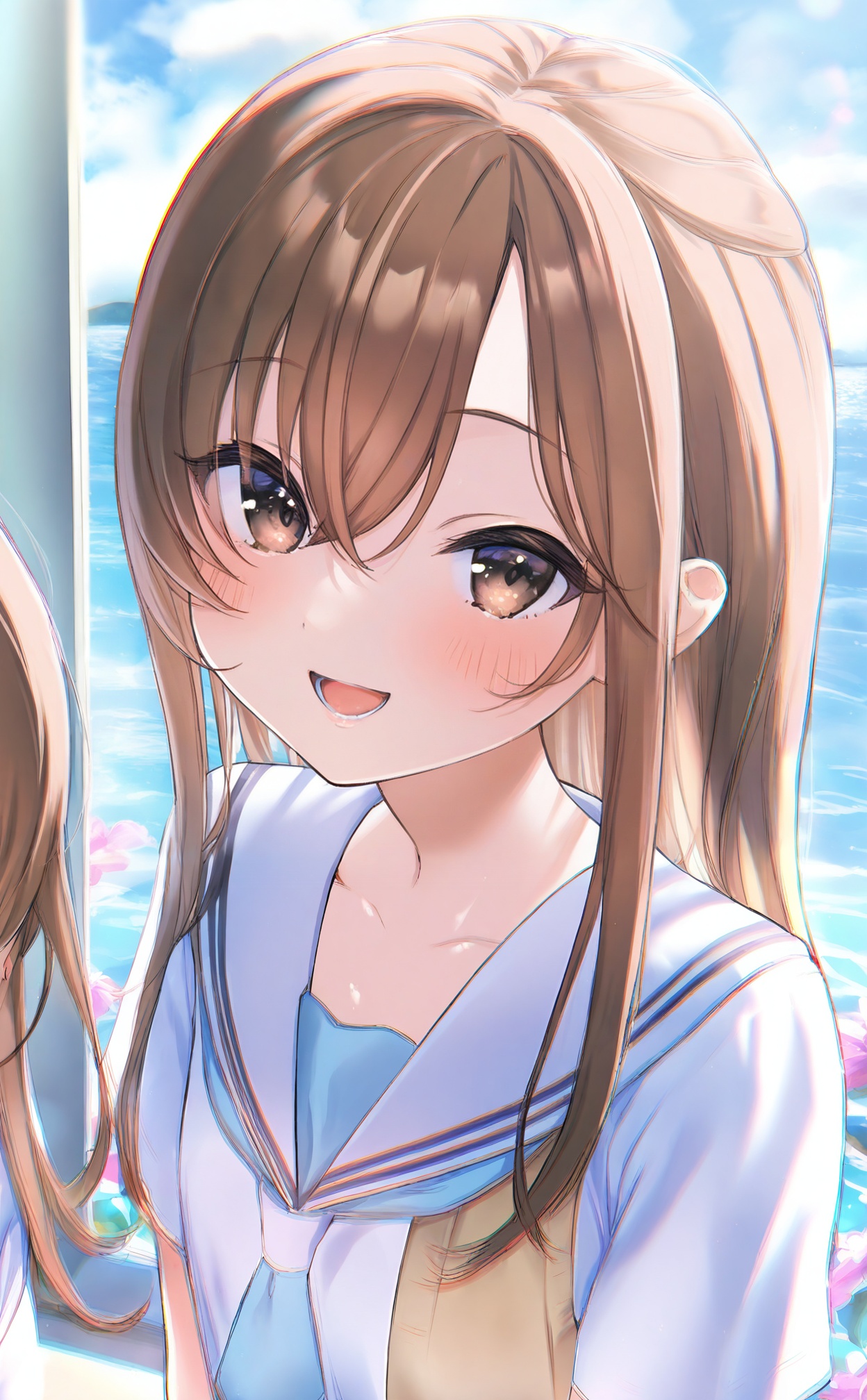 masterpiece,highres,absurdres,newest,best quality,loli,petite,high quality,chromatic_aberration,shiny_skin,//,1girl, solo, looking_at_viewer, smile, brown_hair, long_hair, blush, brown_eyes, open_mouth, ocean, sky, school_uniform, window, portrait, serafuku, day, :d, shirt, blue_sky, hair_between_eyes, blurry, sailor_collar, flower, cloud//,<lora:nekoyashiki_pushio——【noob】hans:1>,