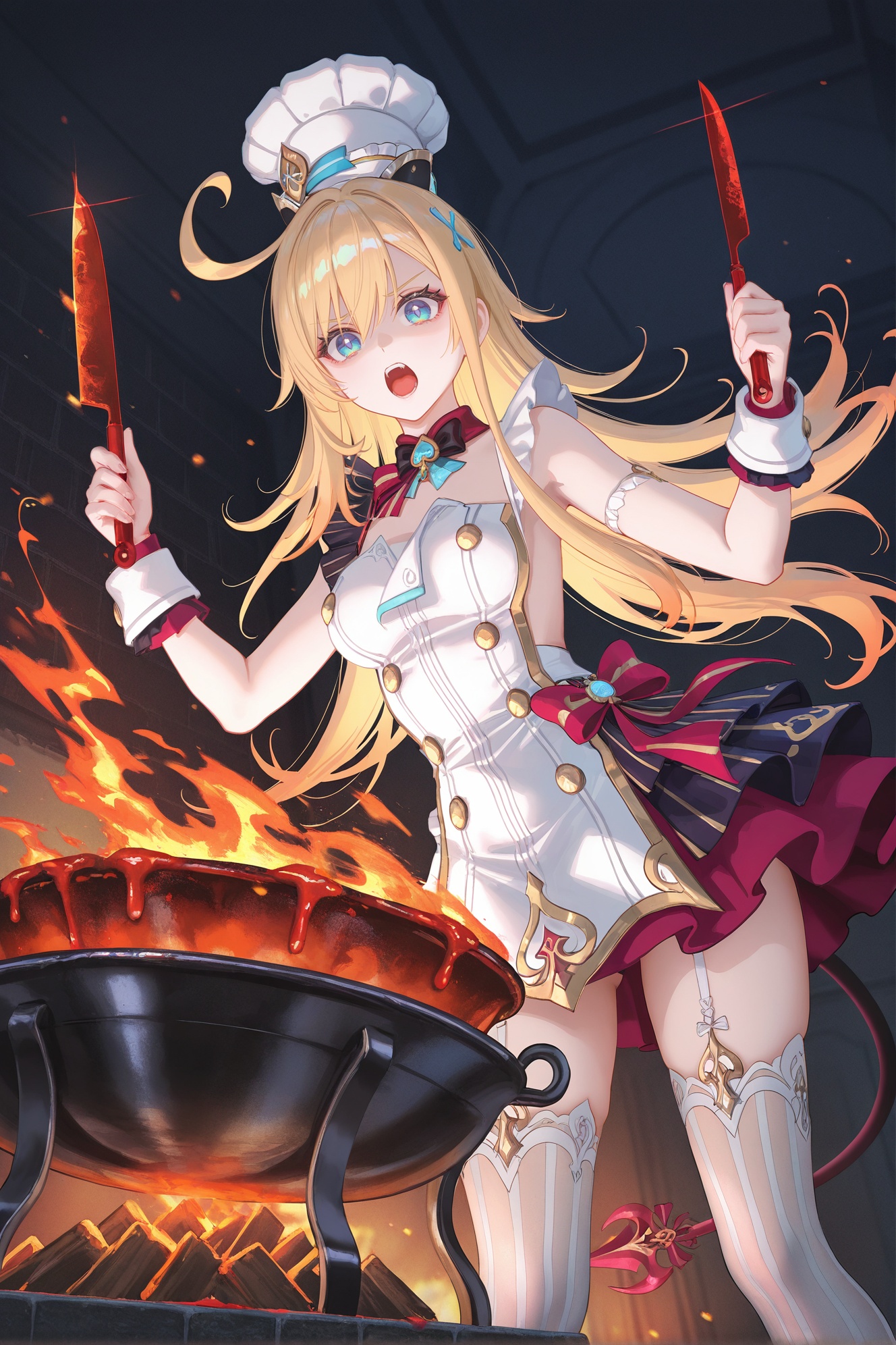 8k,best quality,masterpiece,(ultra-detailed),(high detailed skin),((artist:reoen),(artist:fuzichoco),(artist:atdan),(artist:torino_aqua),year 2024:0.8)1girl,[artist:wlop],[artist:ningen_mame],artist:ciloranko,[[artist:rhasta]],artist:tidsean,colorful,hell_kitchen,infernal_cuisine,demonic_cooking,cursed_ingredients,flaming_pan,shadow_flames,blood_sauce,skull_pot,bone_utensils,sacrificial_knife,forbidden_recipes,damned_chef,underworld_gastronomy,soul_grill,eternal_stew,damned_kitchen,underworld_restaurant,cursed_flames,necrotic_herbs,phantom_flames,damned_banquet,infernal_banquet,torture_kitchen,suffering_sous-chef,agony_grill,damned_condiments,hellfire_stove,torture_tools_(food),soul_ingredients,demonic_gastronomy,cursed_cookbook,screaming_ingredients,torment_toppings,damned_delicacies,underworld_provisions,infernal_pantry,suffering_sous-chef,damned_food_prep,eternal_culinary_torment,cursed_culinary_arts,<lora:escoffier-ill-Tanger-000013:0.8>,escoffier \(genshin impact\),clothes: escoffier def white and black dress,escoffier chef's hat,1girl,thighhighs,long hair,ahoge,blue eyes,escoffier fake devil tail,blonde hair,