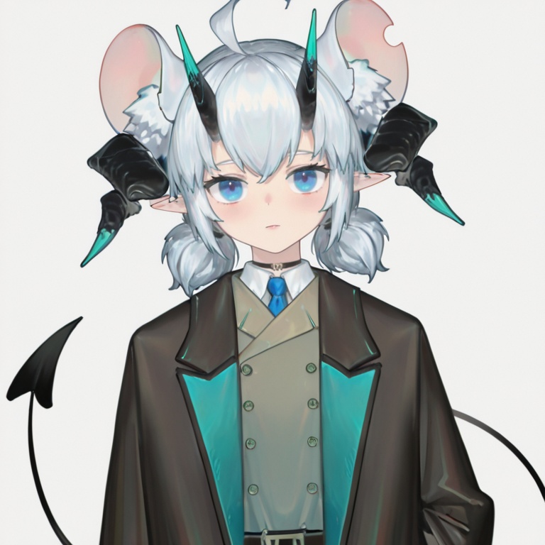 masterpiece, best quality,solo,(grey background:1.2),simple background,1girl,looking at viewer,   dajiaoshu_style,DK_zhengzheng_style,shuangweihuixing,mouse girl,rat ears,horns,blue eyes,pointy ears,ahoge,white hair,2 tails,animal ear fluff,demon tail,demon horns,short hair,twintails,<lora:双尾彗星-3.0-Ill01:0.8>