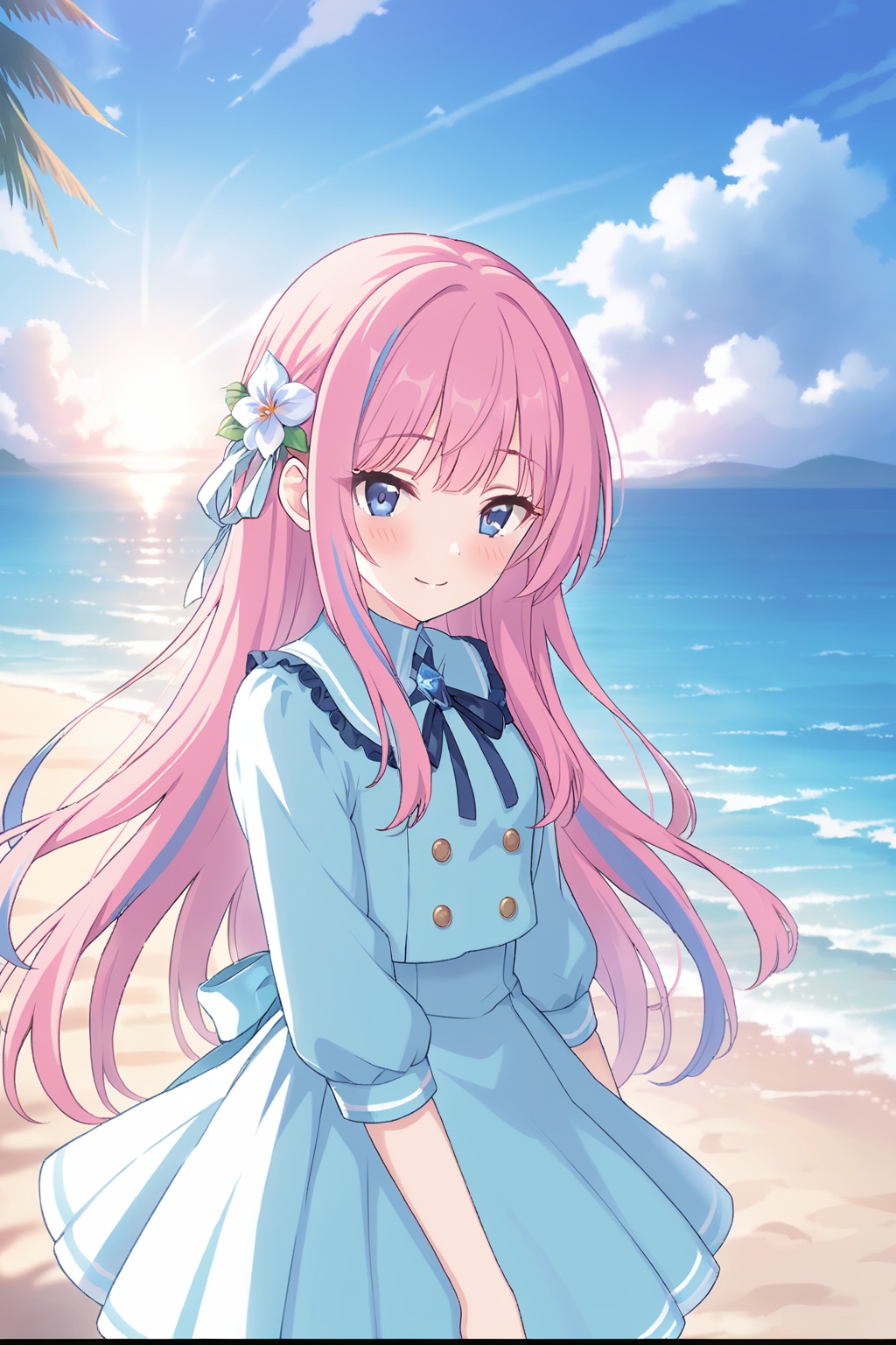 masterpiece,best quality,extremely detailed CG unity 8k wallpaper,Depth of field,cinematic lighting,backlighting,cel shading,anime screencap,long hair,beautiful detailed eyes,1girl,finely detail,(upper body:1.2),pink hair,(blue streaked hair:1.25),blue sky with cloud,sea,(flower near sea:1.5),seductive smile,random pose,solo,looking at viewer,ribbon,standing on beach,near water,blush,blunt bangs,blue water,<lora:pcr-xl-fp8-lokr-v2:0.8>,