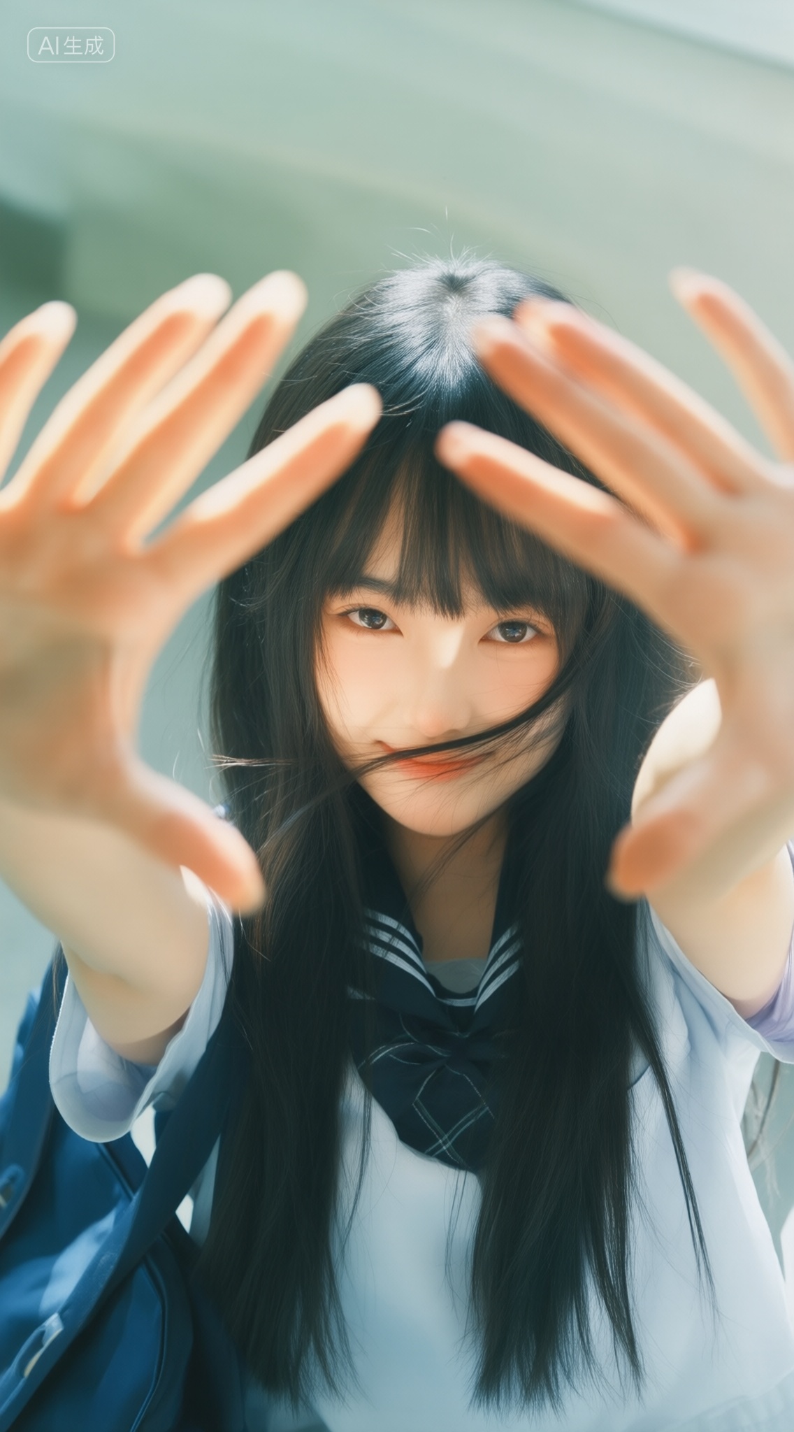 High-resolution film photography,High-resolution film photography,一个穿着校服,留着长长的黑发的女学生对着相机伸出双手,这可能意味着年轻的放荡,, Negative prompt: ng_deepnegative_v1_75t,(badhandv4:1.2),EasyNegative,(worst quality:2),,nsfw, Steps: 30, Sampler: Euler, CFG scale: 4.0, Seed: 3230492853, Size: 1142x2048, Model hash: 9768b098f7, Model: ZOZ_v1.0.safetensors, Denoising strength: 0, RNG: CPU, Lora 1: Qwen&F.1_胶片摄影_电影镜头, Lora Hash 1: c6a415b282, Lora Weight 1: 0.9, vae_name: automatic