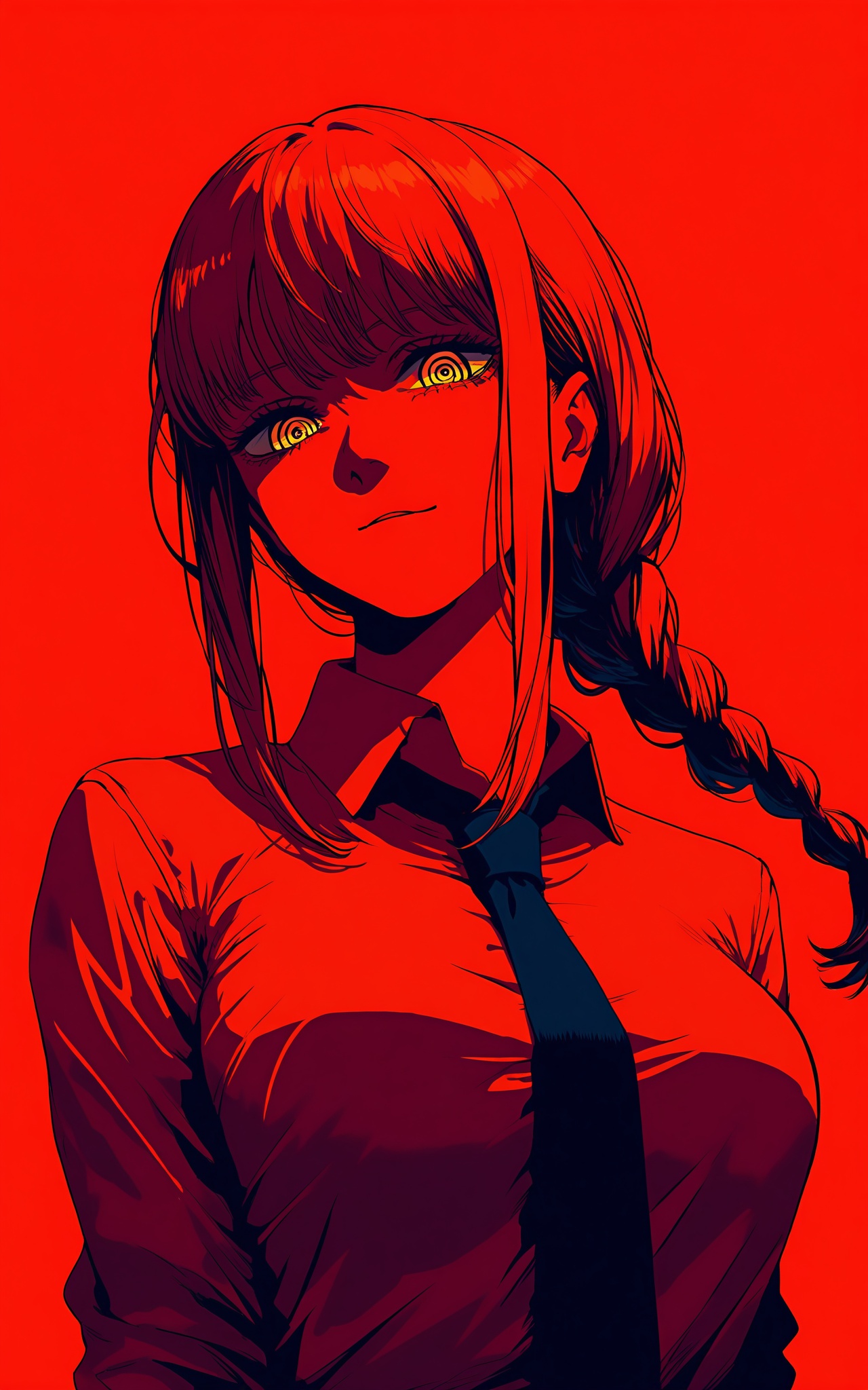 8k,best quality,masterpiece,(ultra-detailed),(high detailed skin),colorful,<lora:noobai_v-niji style-v2-000020:0.8>,niji style,enhance light and shadow,1girl,red theme,solo,makima (chainsaw man),red background,shirt,ringed eyes,necktie,simple background,braid,collared shirt,looking at viewer,sidelocks,monochrome,braided ponytail,breasts,long sleeves,long hair,