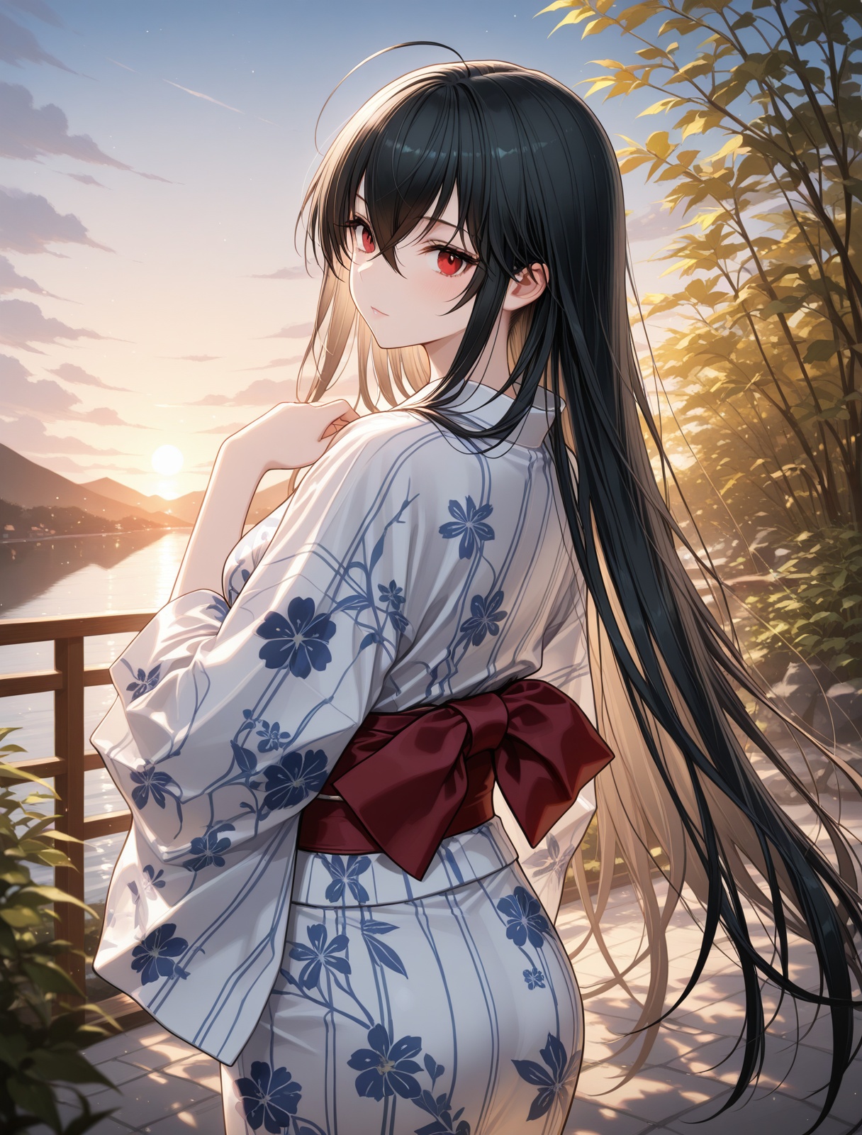 <lora:taihou_IL_v1.0:1>,taihou,long hair,yukata,outdoors,, masterpiece,best quality,