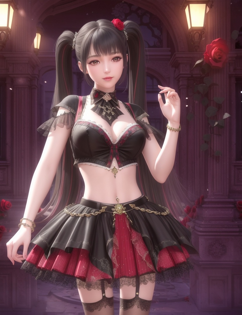 ultra realistic 8k cg, picture-perfect face, flawless, clean, masterpiece, professional artwork, famous artwork, cinematic lighting, cinematic bloom, perfect face, beautiful face, fantasy, dreamlike, unreal, science fiction , beautiful clothes, lace, lace trim, lace-trimmed legwear,  (rich:1.4), prestige, luxury, jewelry, diamond, gold, pearl, gem, sapphire, ruby, emerald, intricate detail, delicate pattern, charming, alluring, seductive, erotic, enchanting, hair ornament, necklace, earrings, bracelet, armlet,halo((,1girl, pov,))  (((,, multiple_girls, 2girls, flower, rose,, multicolored_hair, , midriff, twintails, skirt, large breasts, looking at viewer, )))   <lora:DA_ChloeNightWings:0.6>