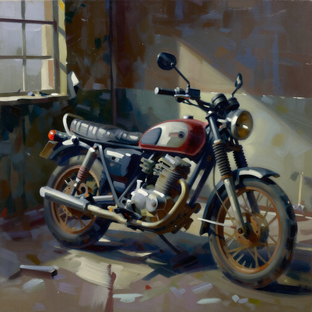 NeoBrush_ZiT,  a rusty vintage motorcycle parked in an abandoned garage,  oil on canvas on Tensor.Art
