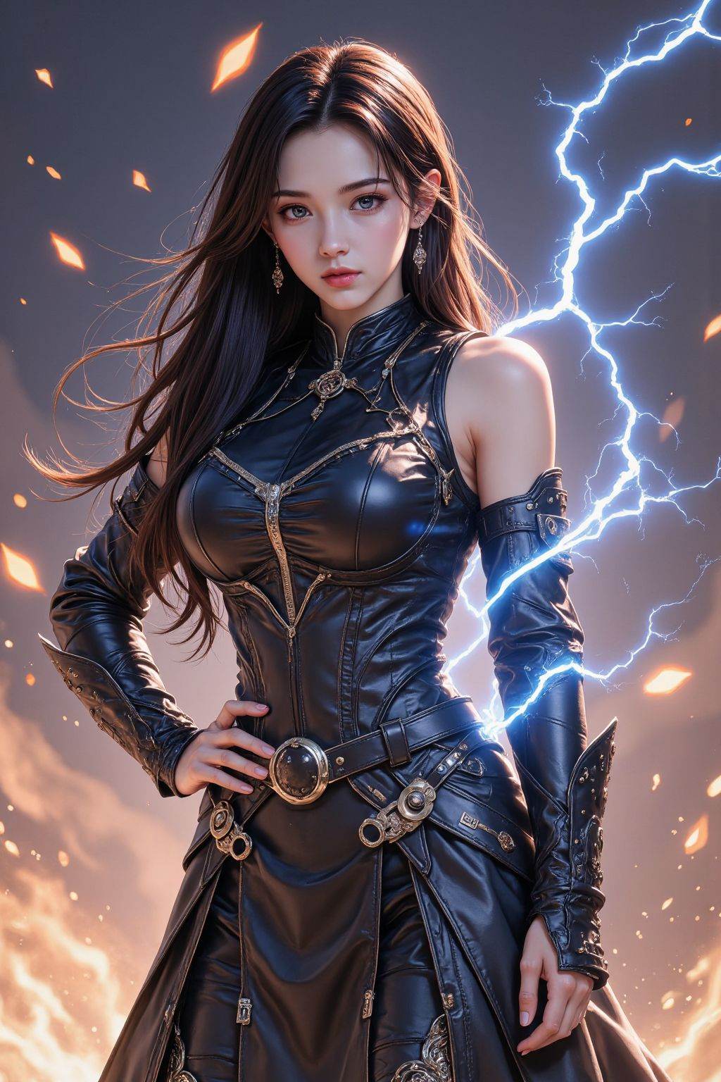 1girl,solo,upper body,cyberpunk armor dress,long hair,electricity,fire,