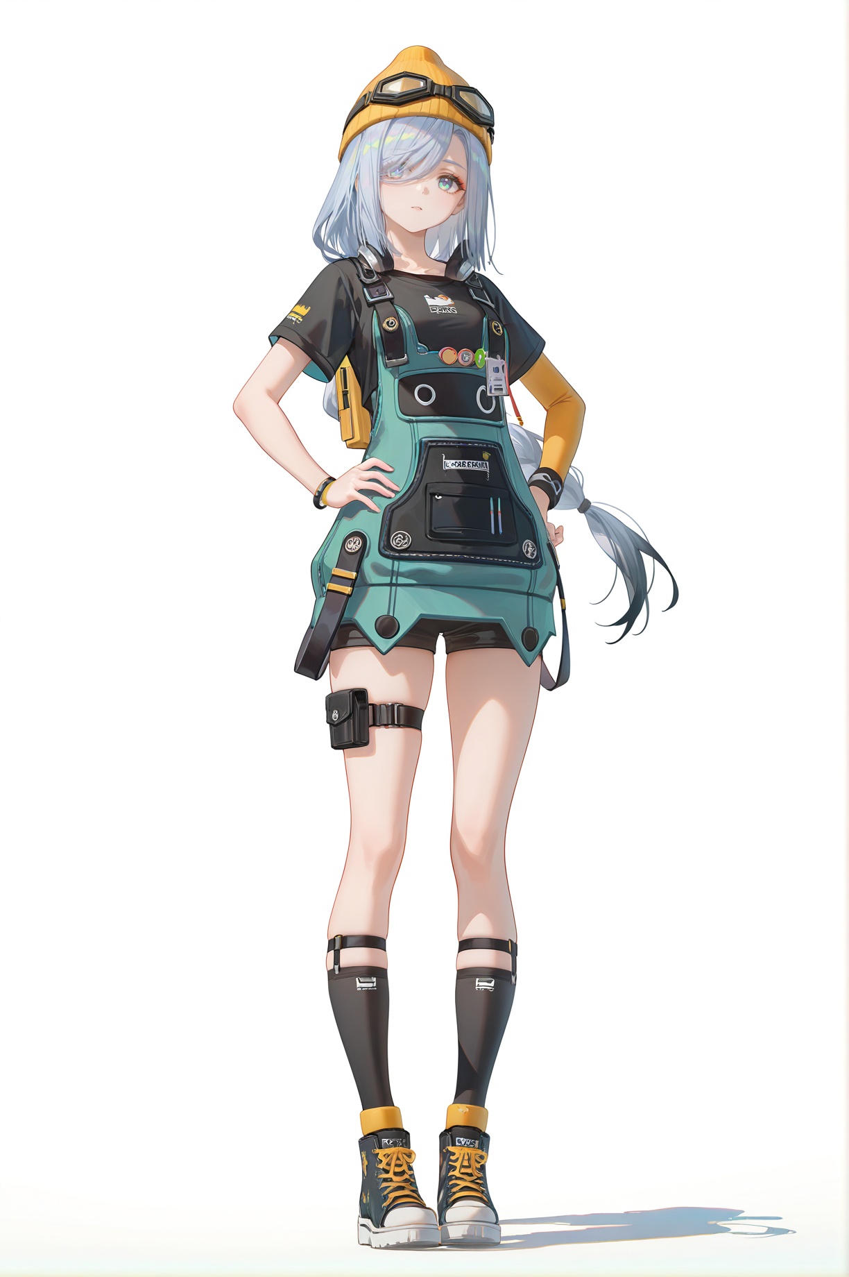 8k,best quality,masterpiece,(ultra-detailed),(high detailed skin),((artist:reoen),(artist:fuzichoco),(artist:atdan),(artist:torino_aqua),year 2024:0.8)1girl,[artist:wlop],[artist:ningen_mame],artist:ciloranko,[[artist:rhasta]],artist:tidsean,colorful,jijia,2d,ambient light,full body,full shot,standing,looking at viewer,(solo:1.2),simple background,(white background:1.2),hand on own hip,(white background:1.1),shenhe \(genshin impact\),<lora:Susie-ill-Tanger-000014:0.8>,clothes: Susiedef casual outfit,cyan overall dress,goggles,yellow hat,short sleeves,shoes,black socks,