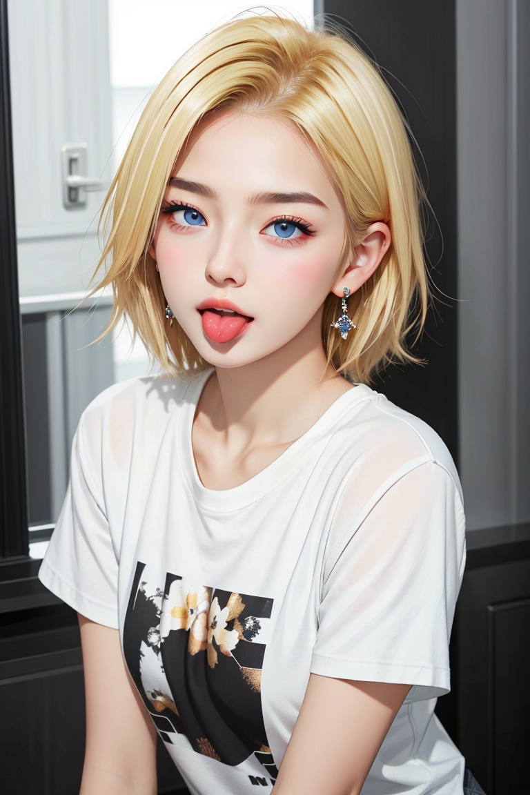 2.5D,naughty,<lora:俏皮吐舌头:1.1>,tongue out,masterpiece,best quality,1girl,((beauty face:0.8)),8K,whole body,t-shirt,, 18hao,1girl,solo,blonde hair,blue eyes,earrings,jewelry,short hair,looking at viewer,android 18,<lora:18hao:0.8>,