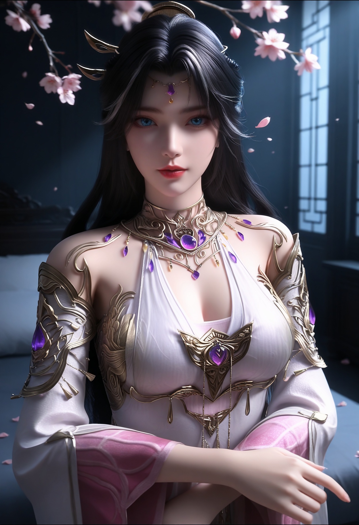 masterpiece,best quality,amazing quality,very aesthetic,high resolution,ultra-detailed,absurdres,scenery,photorealistic,(looking at viewer:1.1),upper body,(Dark room:1.3),(moody lighting:1.1),peach blossom,falling petals,(large breasts:0.8),monvzhenshen,1girl,solo,black hair,long hair,jewelry,dress,white dress,hair ornament,blue eyes,detached sleeves,bare shoulders,gem,realistic,necklace,braid,barefoot BREAK photorealistic details,<lora:QQSillmonvzhenshenV1:0.8>,
