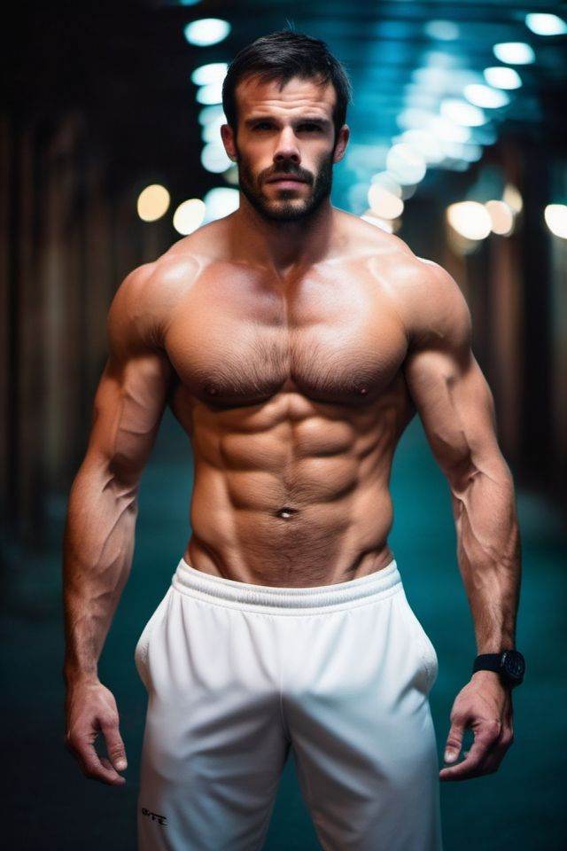 Charlie Weber a man ,  realistic photo in a worn ((skin-revealing skimpy erotic white tracksuit,  massive hairy pecs)) on...
