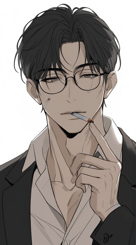 (best quality), ((masterpiece)), (highres), illustration, original, extremely detailed, <lora:男风 XL:0.7>cigarette, solo, 1boy, male focus, shirt, simple background, smoking, short hair, white background, glasses, black hair, holding cigarette, scar, holding, collared shirt, white shirt, jacket, bangs, formal, smoke, upper body, long sleeves, black jacket, injury, monochrome 