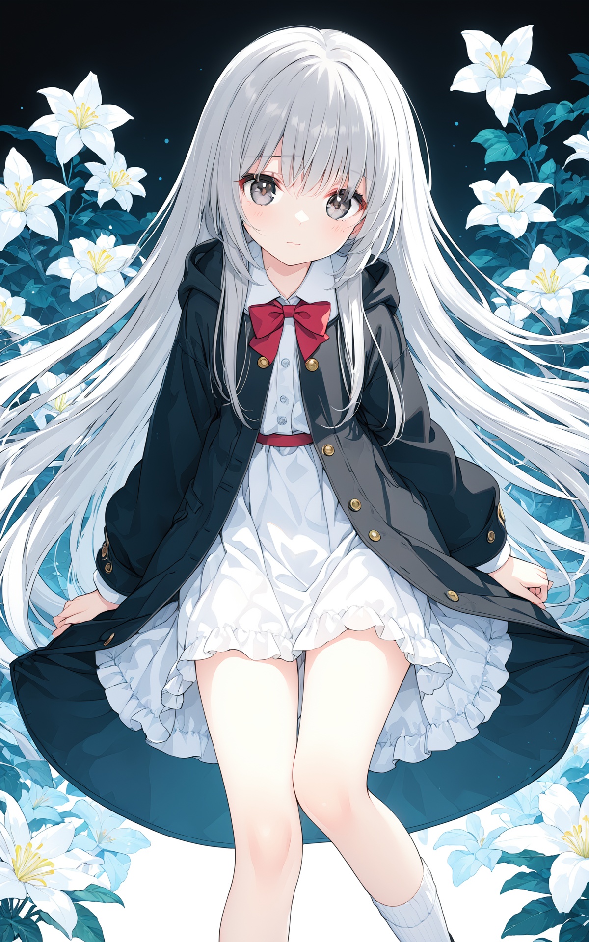 (masterpiece),(best quality),illustration,ultra detailed,hdr,Depth of field,(colorful),loli,(1girl:0.6),thin,very long hair,black and grey hair,grey eyes,(detailed eyes),small breasts,black coat,white lining,white skirt,socks,closed mouth,(sad),star,Bow head,white flower,(black background),masterpiece,best quality,official art,extremely detailed CG unity 8k wallpaper,cozy anime,