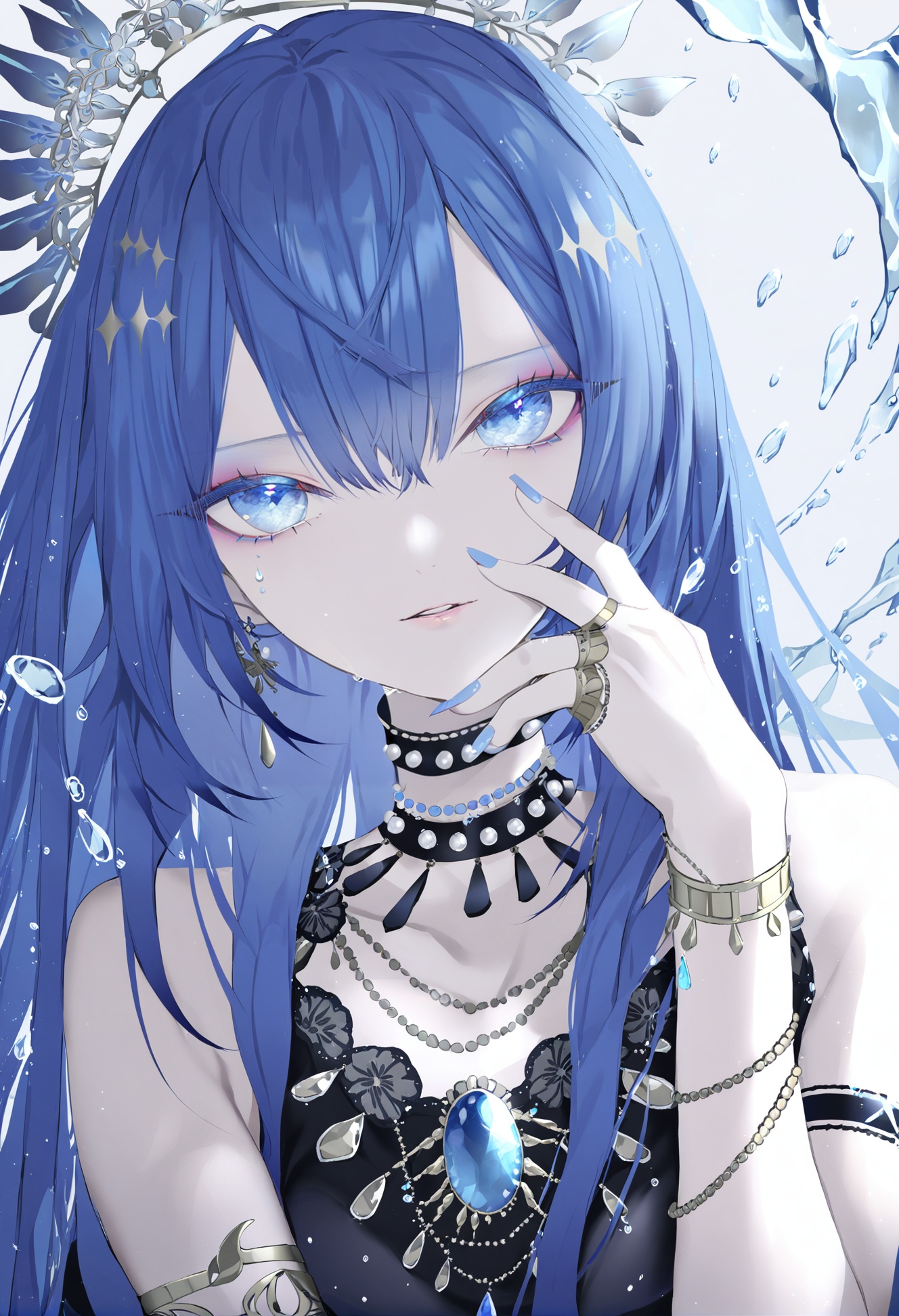 masterpiece, best quality,1girl,   solo, blue eyes, blue nails, jewelry, blue hair, gem, looking at viewer, nail polish, bangs, blue theme, hand on own face, bracelet, parted lips, blue gemstone, hair between eyes, portrait, white hair, water, lips, long hair, eyelashes, artilletled, sleeveless, fingernails, glint, collarbone, pearl bracelet, armlet, neck ring, blue eyeshadow, water drop, eyeshadow, diamond \(gemstone\), choker, hand on own cheek, eye focus, makeup <lora:kotrou020XLlokr8f-000180:0.95>