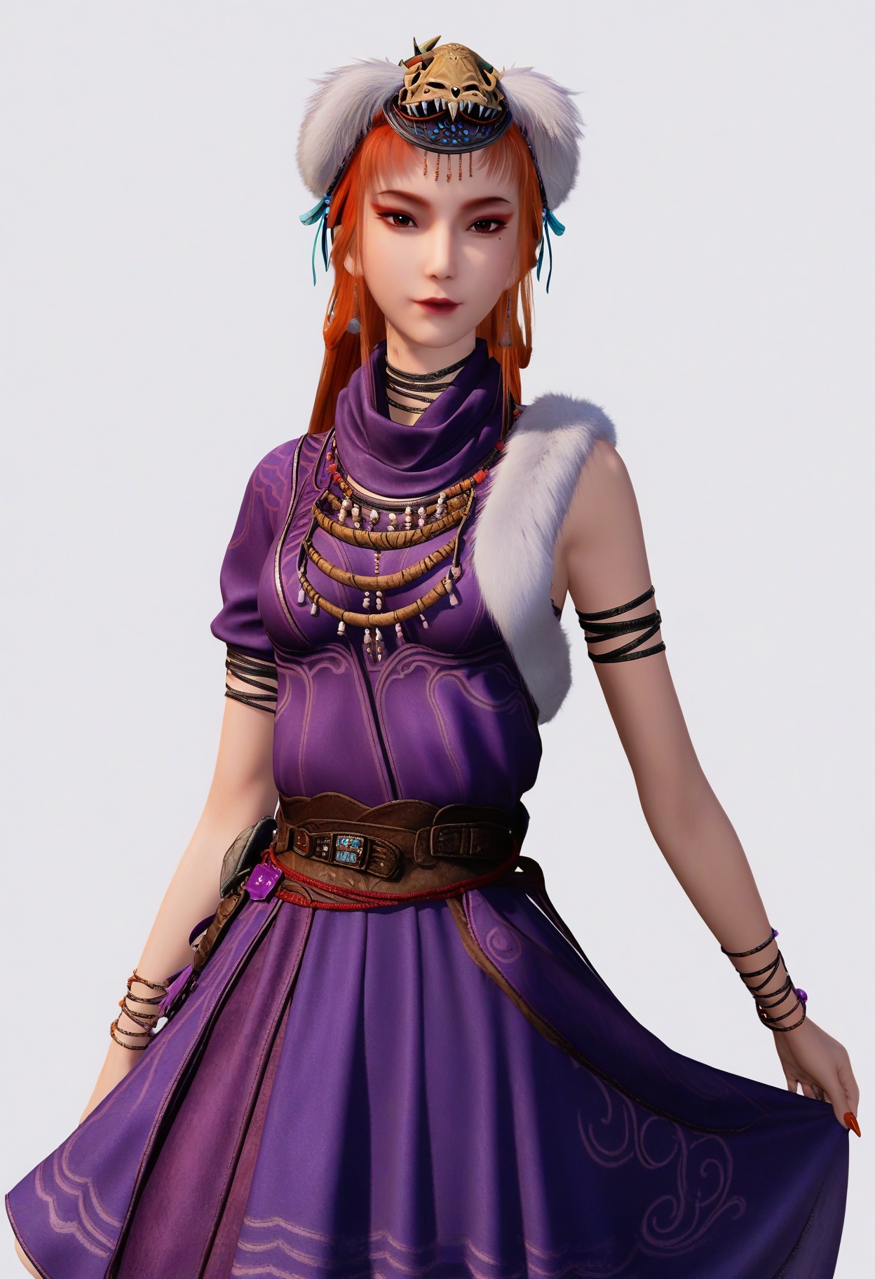 score_9,<lora:SF_JiangChenSecondClothes_Pony_Realism2.3-000004:0.7>,hair ornament,long hair,dress,eyeshadow,orange hair,headdress,1girl,breasts,dress,purple dress,purple skirt,fur trim,necklace,  solo,medium breasts,   looking at viewer,white background,simple background,