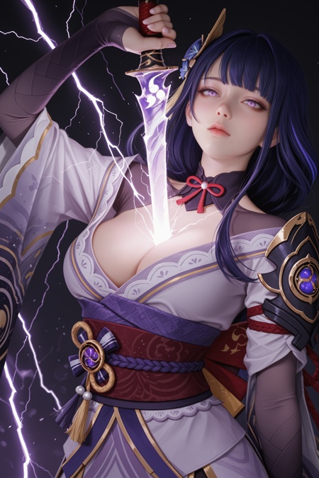 solo,  raiden shogun, cosplay, musou isshin \(genshin_impact\), human scabbard, lightning, masterpiece, best quality, amazing quality, very aesthetic, absurdres, dynamic lighting
