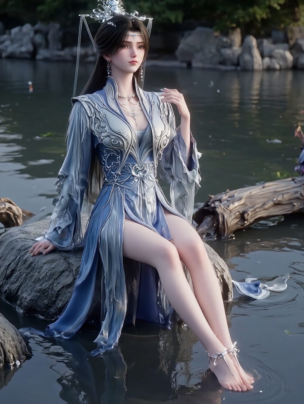 Feet,This is a highly detailed CGI image of a beautiful Asian woman with fair skin and long,dark hair,adorned in an ornate,silver and blue traditional Chinese qipao dress with intricate patterns. She wears a matching headdress and delicate jewelry,Her bare fair feet gently touched the water surface,She sits on a rock by the water,legs crossed and extended outward,emphasizing the long line of her legs. Her feet are gently resting in the water,with toes slightly curled. Her right arm is relaxed,resting on her knee,while her left arm is bent,hand softly touching her hair. The pose highlights the natural grace and sensuality of her posture.,