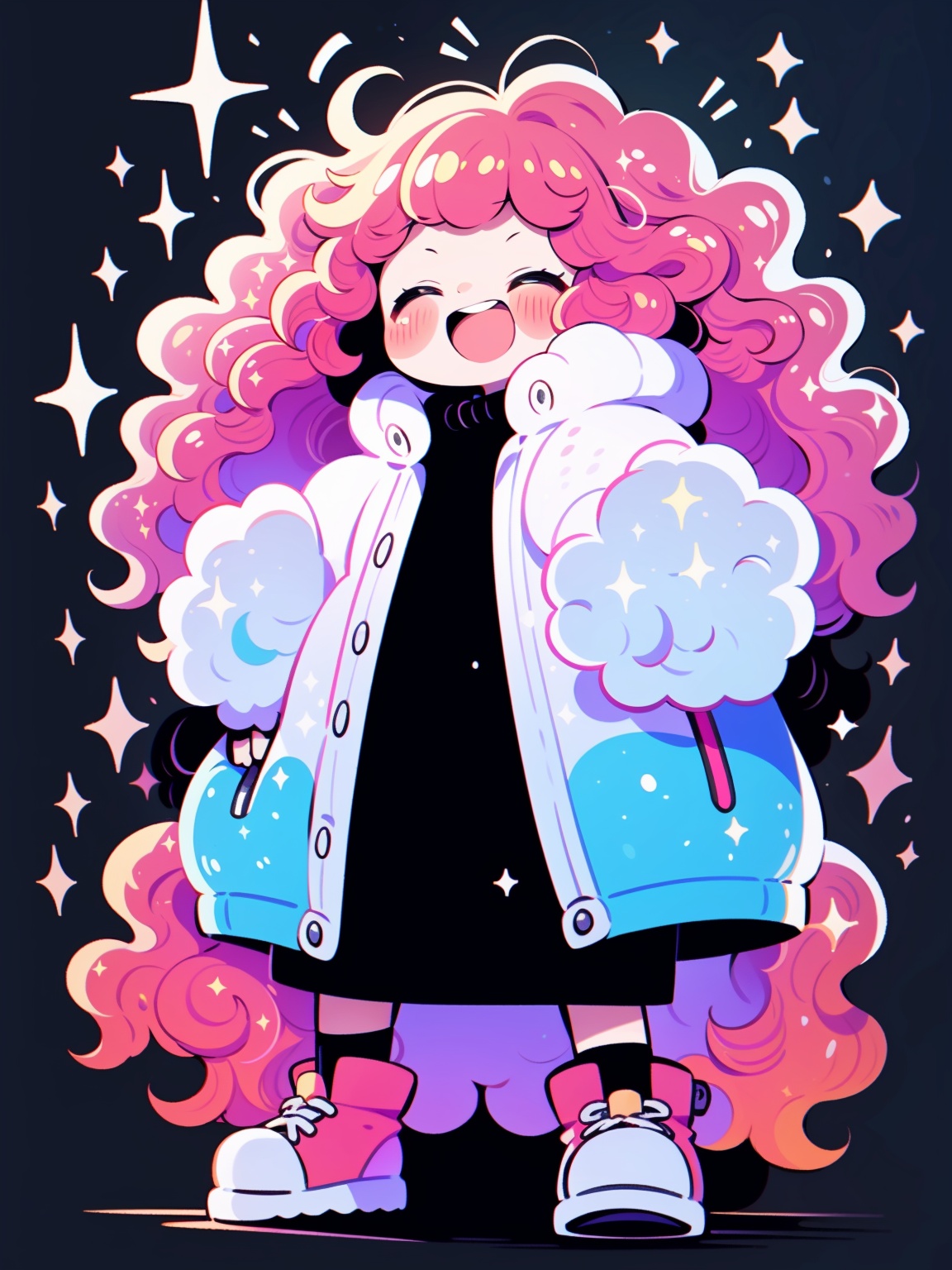 HTTP, solo, 1girl, closed eyes, blush, smile, big hair, sparkle, open mouth, long hair, pink hair, full body, curly hair, sleeves past wrists, standing, long sleeves, simple background<lora:HTTP_20231126194709-000006:1>