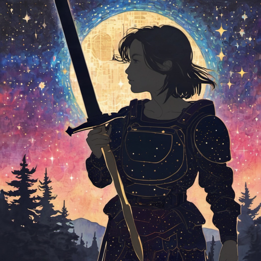 <lora:ukiyo-e_xl:1>,the background is a starry night sky,a silhouette of a girl holding a sword,a brightly colored sword t which maps the starry sky and the milky way inside,halo,ethereal,