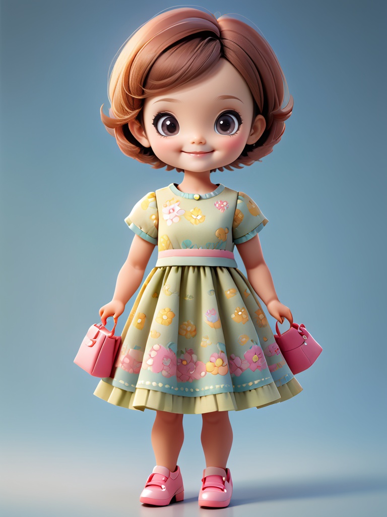Doll design, A young mom with short hair and a dress. Smile, excellent, highest quality, detailed.