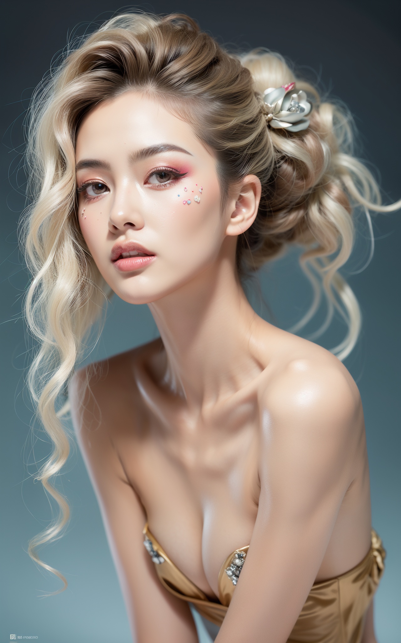 opera stage,  Vass Roland cover art body art future bass girl un wrapped smooth body fabric folds statue bust curls of hai...