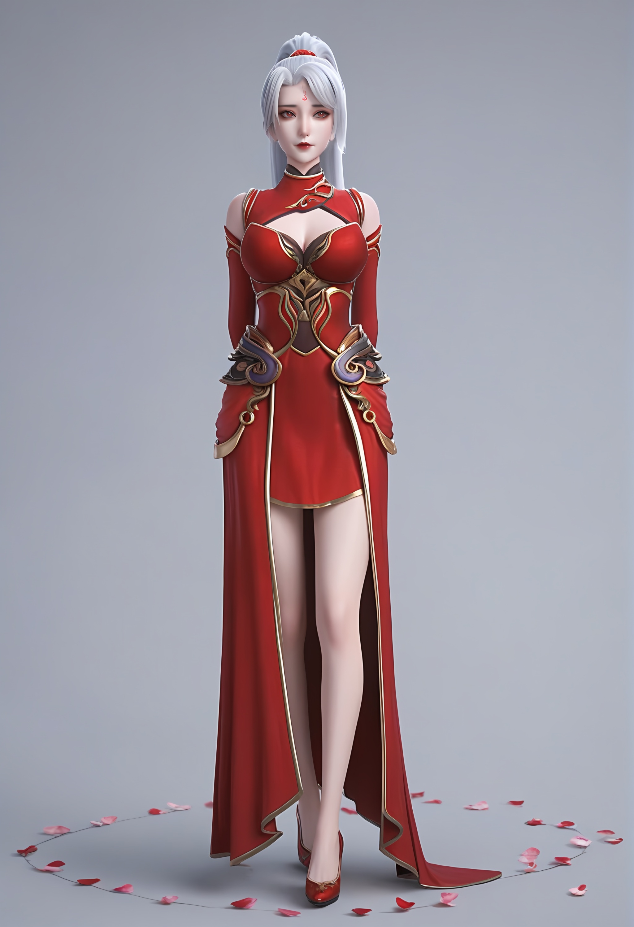 (score_9),light blush,body blush,mature,(mature_female:1.1),<lora:焰羽女神-Apony:0.83>,yanyu,solo,1girl,white hair,long hair,ponytail,hair rings,forehead mark,red eyes,red dress,high collar,detached sleeves,bare legs,((arms_behind_back)),looking at viewer,front view,standing,high heels,glamor,branch,twig,falling petals,grey background,OverallDetail,fair_skin,(white_skin),(Ivory_skin),<lora:e色温:0.5>,<lora:e肤色滑块:0.5>,<lora:detailed_notrigger:1>,<lora:perfect-eyes:0.8>,<lora:a修手:0.35>,