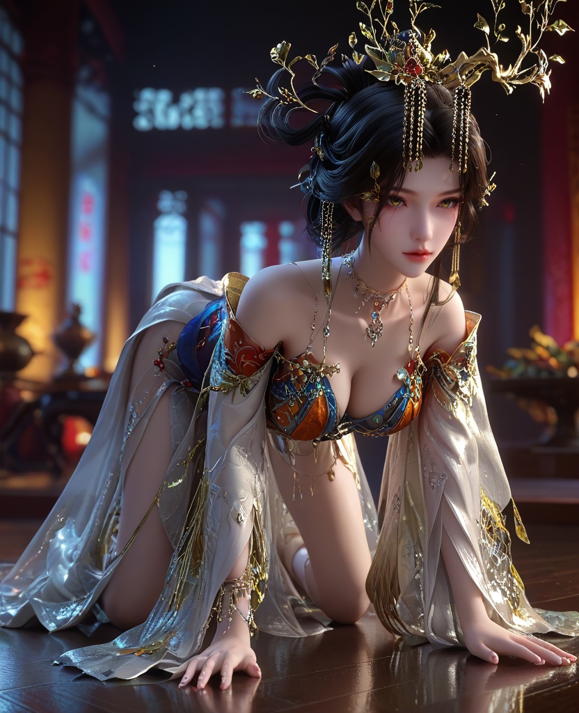 (oriental architecture, elegant decor, sophisticated style:1.1),(On all fours with one leg kicked up,:1.1),Through a fish-eye lens, warping the periphery for a unique perspective,(large breasts:1.2),<lora:XL16云深不知梦羲和淬火令:0.95>,miss xihe,orange gown with white tulle skirt,yellow eyes,black hair,looped bun with tresses,hair ornament,jewelry,necklace,makeup,, score_9,score_8_up,score_7_up,score_6_up,score_5_up,score_4_up,3d rendering,tag1,tag2, Cinematic Lighting,backlighting,