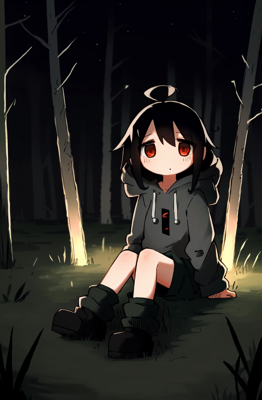 masterpiece,best quality,absurdres,1girl,black hair,red eyes,ahoge,looking at viewer,full body,dark,glowing,black theme,ringed eyes,hoodie,forest,sitting,on grass,(night:1.4),light particles,Test tube,glowing number,shorts,