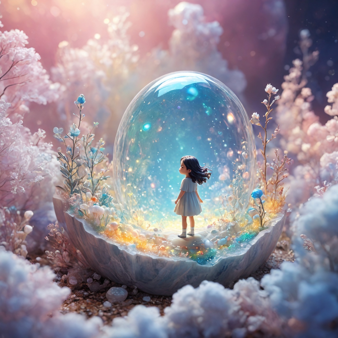 a tiny woman inside an opal marble,tiny organisms,unexplored ecosystem,cute small critters,sparks,