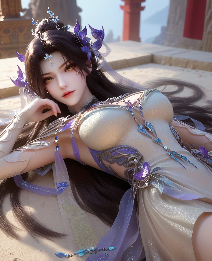 (oriental architecture, elegant decor, sophisticated style:1.1),(Lying on back with face to the side,:1.1),upper body,(large breasts:1.2),shoes,<lora:XL16云深不知梦羲和四象归一:0.95>,miss xihe,blue-violet to white ombre gown,yellow eyes,forehead pendan,black hair,traditional chinese updo with long front strands,absurdly long hair,hair ornament,jewelry,elbow gloves,, score_9,score_8_up,score_7_up,score_6_up,score_5_up,score_4_up,3d rendering,tag1,tag2, Cinematic Lighting,backlighting,