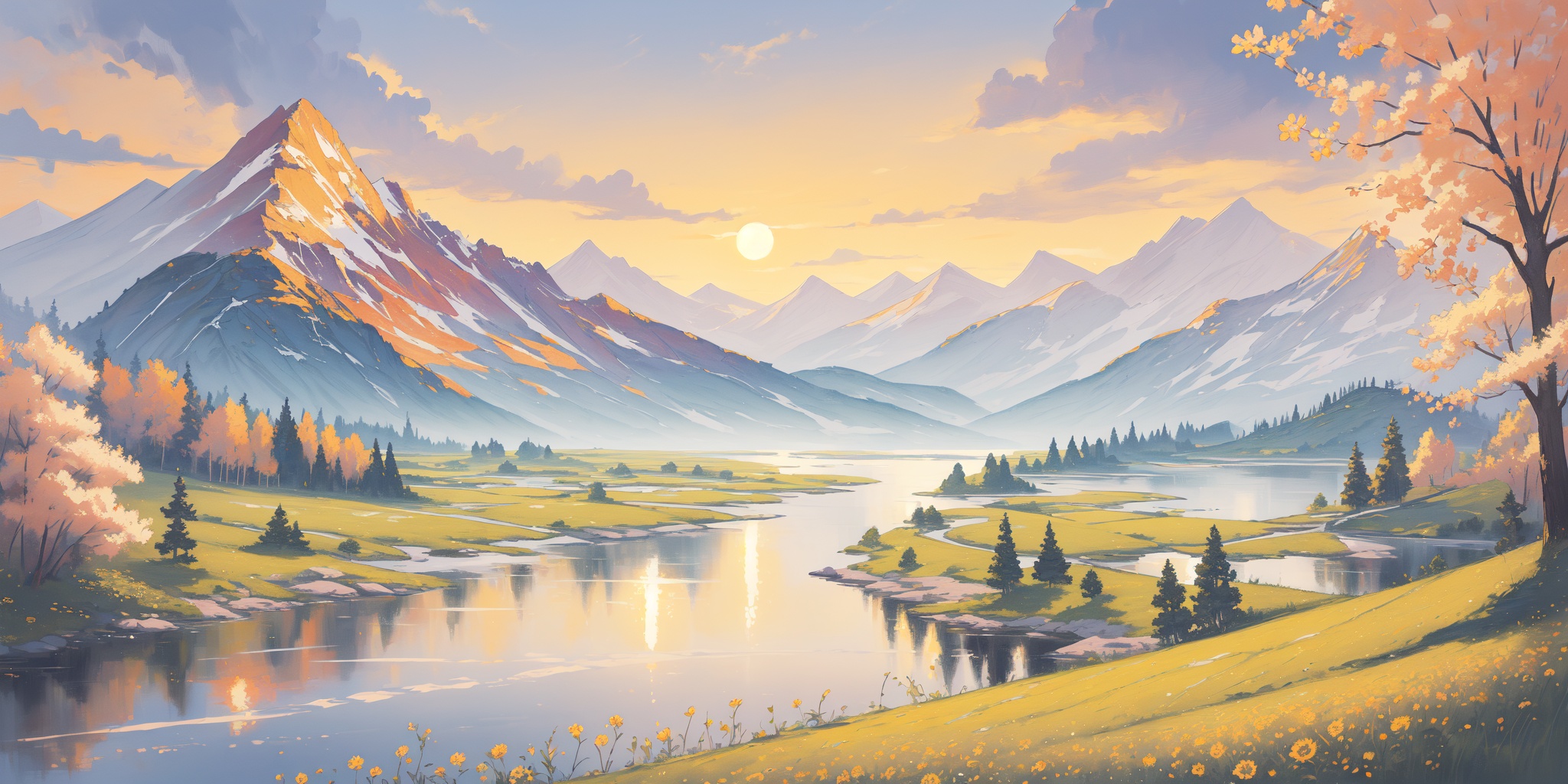 scenery,outdoors,beautiful detailed sky,beautiful detailed glow,best shadow,panorama,(Autumn, Foliage, River, Reflection, Colors, Trees, Serenity, Beauty:1.3),(River, Kayak, Afternoon sun, Nature scenery, Paddling, Adventure:1.2),(Alpine flowers, Fall foliage, Mountain peaks, Autumnal hues, Alpine landscape, Mountain tranquility:1.1),(masterpiece, best quality, beautiful and aesthetic:1.3),extremely detailed CG,ultra-detailed,beautiful concept illustration,illustration,extremely fine and beautiful,perfect details,<lora:YOUHUA:1>,oil painting \(medium\),