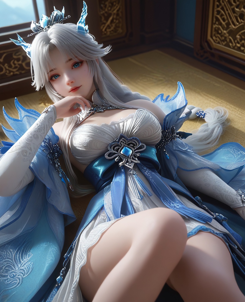 (sunbathing:1.1),looking at viewer,(large breasts:1.2),<lora:XL16云深不知梦龙儿:0.95>,miss longer,white dress with blue train,blue eyes,mole under left eye,white hair,long hair,half-up braid with long cascading hair,hair ornament,blue wide flowing sleeves,sash,opera gloves sleeves of white,crystal horns,adolescent girl,, score_9,score_8_up,score_7_up,score_6_up,score_5_up,score_4_up,3d rendering,tag1,tag2, Cinematic Lighting,backlighting,