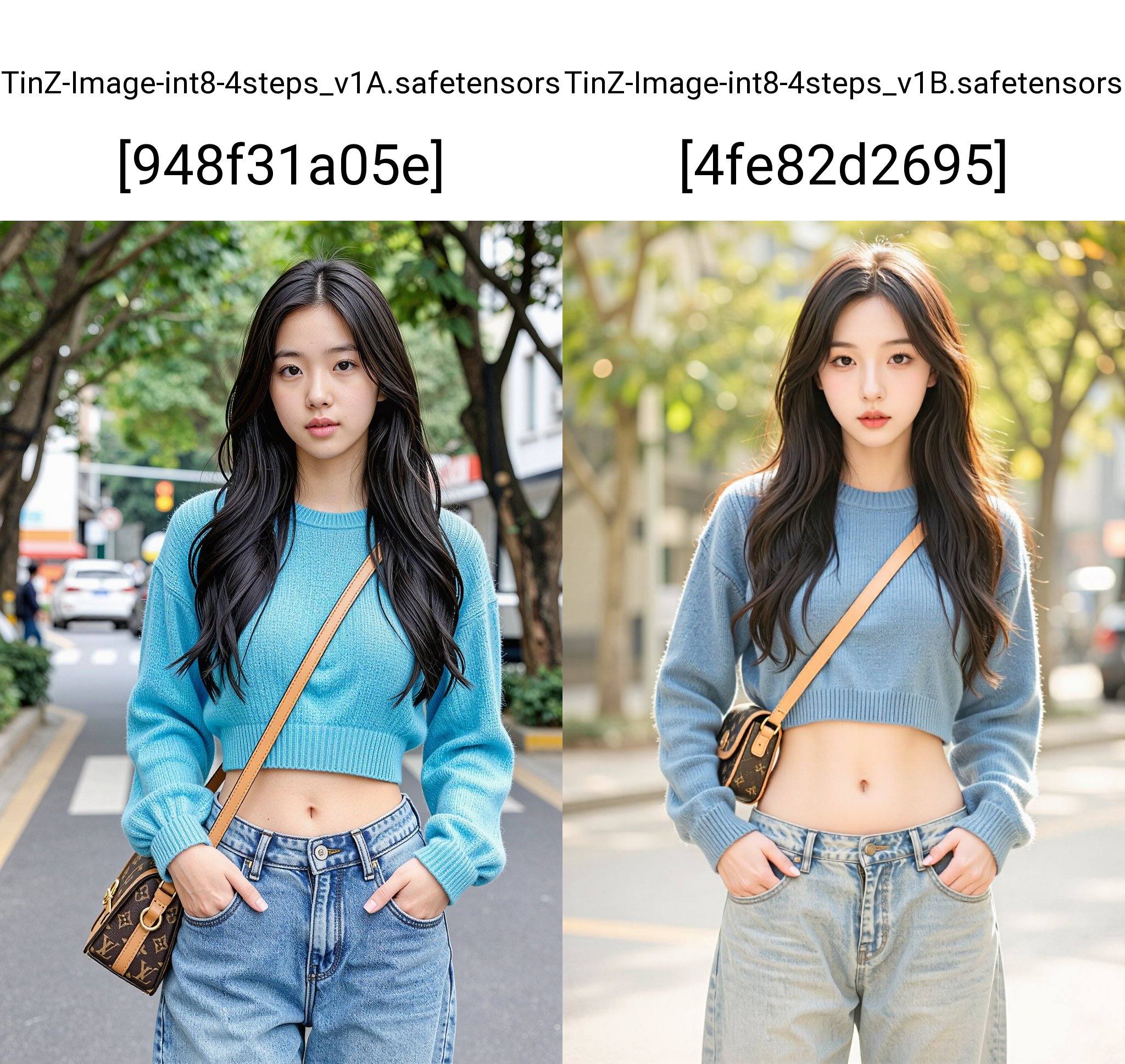 一位看起来二十出头的年轻东亚女性站在画面中央,  面无表情地面向观众。她有着一头乌黑的长卷发和白皙的皮肤。她身穿一件天藍色的短款毛衣,  露出纤细的腰身 on Tensor.Art