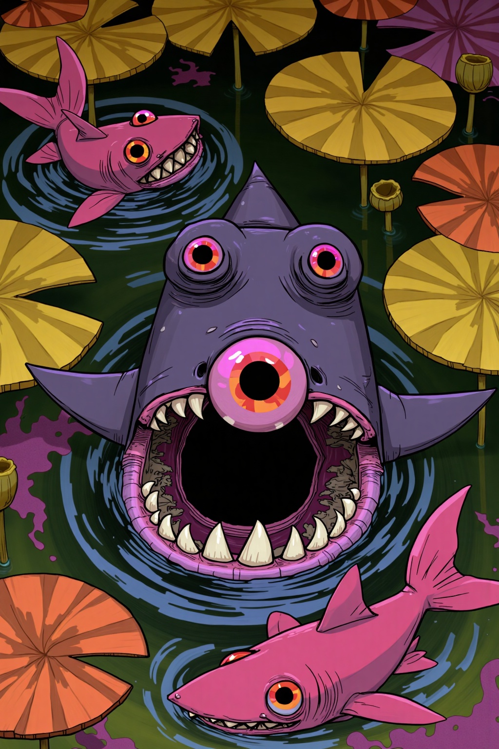 beijihui,a cartoon depiction of a shark's eye is seen in the middle of the frame. The eye is a vibrant shade of pink, with a black rim around it. The mouth of the shark is open, revealing a black hole in the center. The shark's eyes are a deep pink, while the fish's mouth is a lighter shade of purple. The fish's teeth are sharp and white, adding a pop of color to the scene. To the left of the image, a pink fish is swimming in a body of water. The background is a dark green, with yellow and orange lily pads surrounding the shark's head.