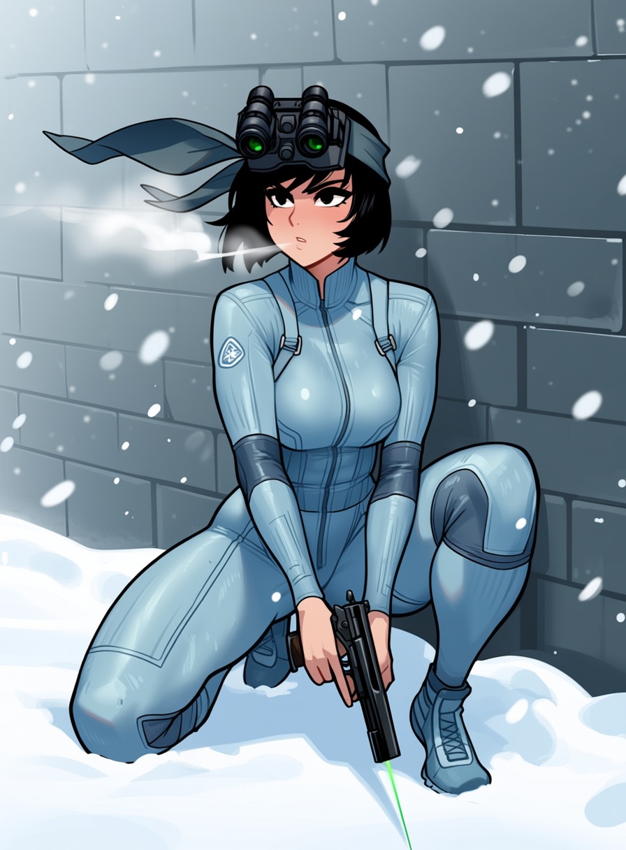 Centurii_Style,  detailed background of a snowy facility. a girl with black pixie cut who is wearing a fullbody grey or li...