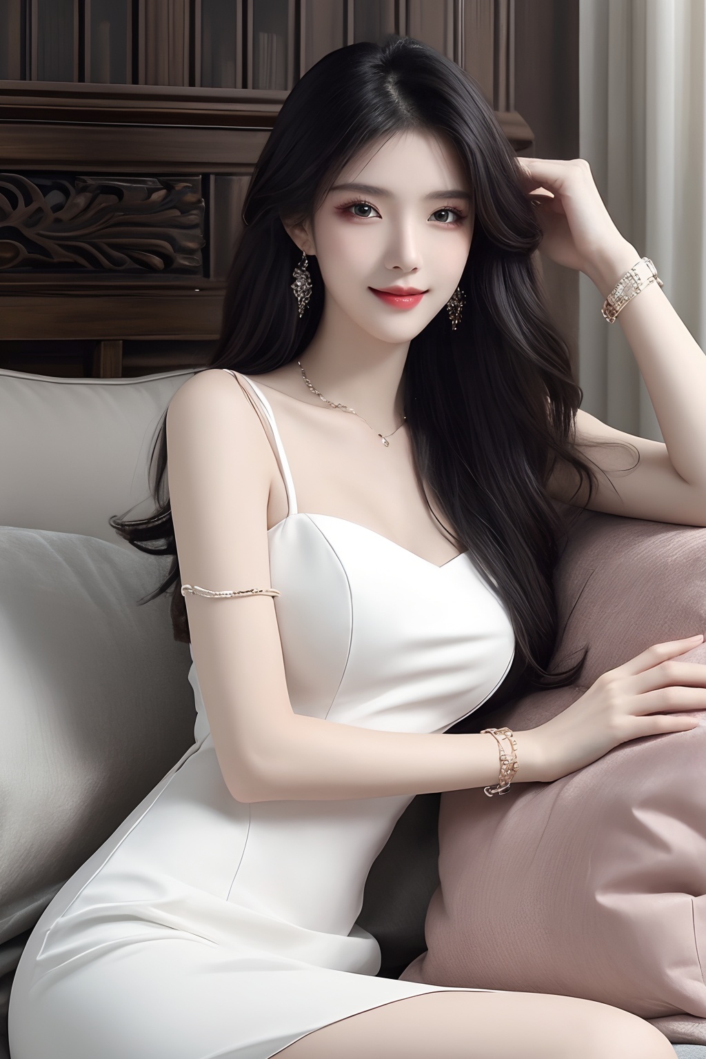 1girl, black hair, bracelet, dress, green eyes, lips, long hair, looking at viewer, pillow, realistic, sitting, smile, solo, watch, white dress, wristband, wristwatch  <lora:1.0:0.8>