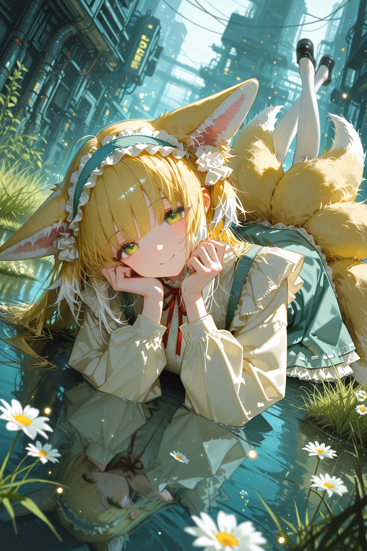 masterpiece,best quality,amazing quality,very aesthetic,absurdres,newest,highres,1girl,suzuran \(spring praise\) \(arknights\),(ningen mame:1.1),ciloranko,[sho \(sho lwlw\)],ask \(askzy\),tianliang duohe fangdongye,rhasta,wlop,dynamic angle,dutch angle,on stomach,head tilt,head rest,animal ears,blonde hair,eyes visible through hair,frilled hairband,frilled skirt,grass,green eyes,green hairband,legs up,long hair,long sleeves,looking at viewer,lying,multicolored hair,multiple tails,neck ribbon,official alternate costume,outdoors,plant,red ribbon,ribbon-trimmed skirt,smile,solo,streaked hair,white flower,white pantyhose,white tail,yellow tail,light particles,bloom,depth of field,masterpiece,best quality,good quality,newest,highres,absurdres,t body,mechanical structures inside the body,complex mechanical structures,cyberpunk,floating on the water,curled up,