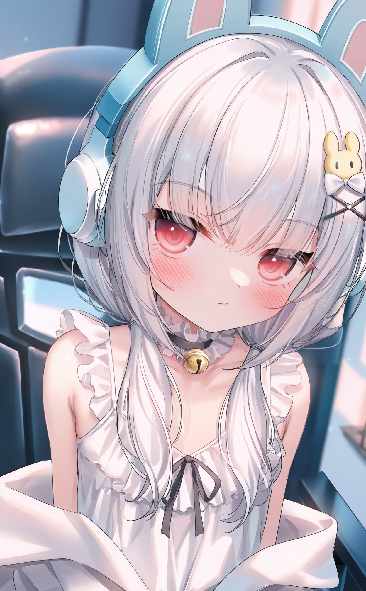 masterpiece,highres,absurdres,newest,best quality,high quality,loli,petite,chromatic_aberration,//,1girl, swivel_chair, headphones, solo, fake_animal_ears, animal_ear_headphones, red_eyes, animal_ears, office_chair, rabbit_hair_ornament, twintails, long_hair, gaming_chair, hair_ornament, bell, on_chair, blush, low_twintails, chair, looking_at_viewer, white_hair, frills, hairclip, closed_mouth, sitting, x_hair_ornament, hair_bow, bow, neck_bell, rabbit_ears, collarbone, indoors, jingle_bell, white_dress, bare_shoulders, sleeveless, hair_over_shoulder, choker, upper_body, white_bow, hair_between_eyes, frilled_choker, off_shoulder, monitor, grey_hair, white_camisole, armchair//,//,official art,depth of field,detailed light,blurry background,best shadow,shiny skin,cinematic lighting,ray tracing,amazing quality,very aesthetic,absurdres,beast quality,ultra detailed,newest,8K,HDR//,<lora:guizhencao1114——【noob】hans:1>,