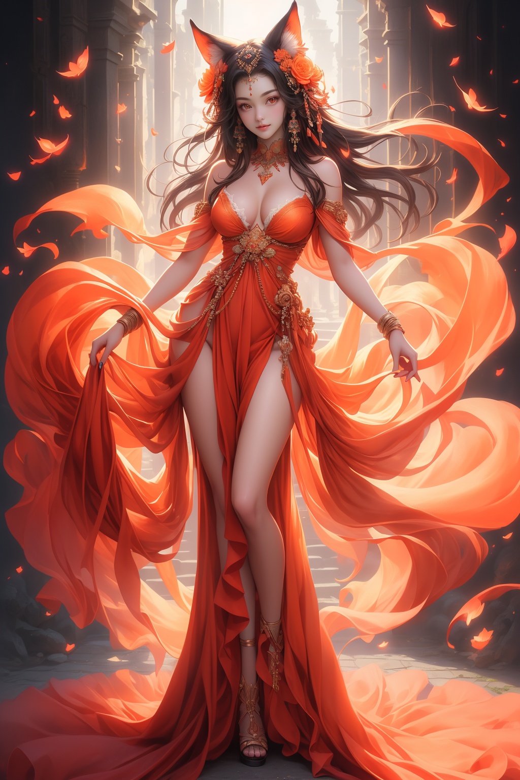 (masterpiece, top quality, best quality, official art, beautiful and aesthetic:1.2),1girl,super cute,naked,breasts,orange nail tails,full body,front view,flowers,super realistic <lora:狐女-000004:0.8>