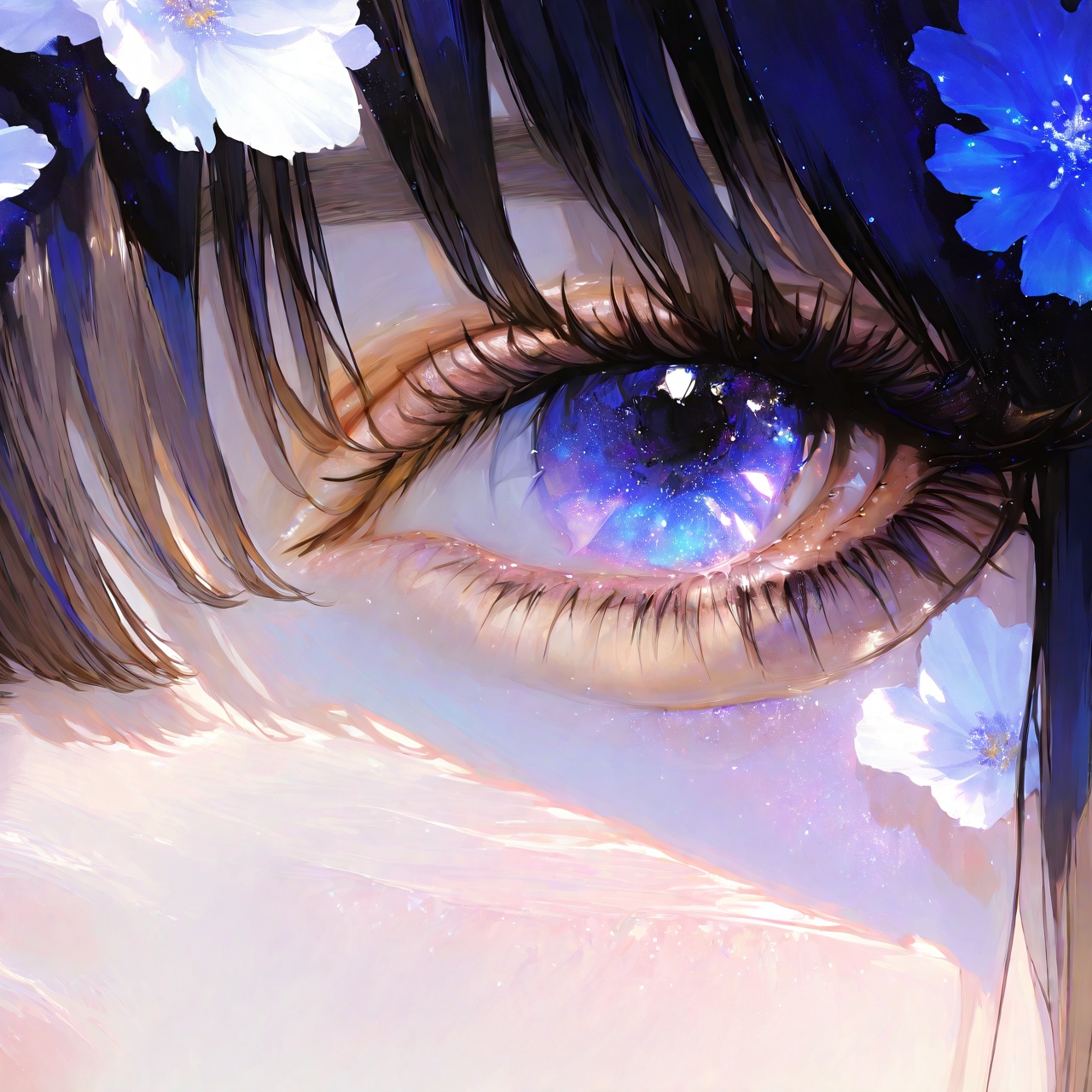 <lora:Tourun ThickPaint Style>,absurdres,realistic,rim light,wallpaper,best quality,eye focus,close-up,blue flower,flower,eyelashes,solo,1girl,blue eyes,reflection,white flower,bangs,light particles,portrait,black hair,looking at viewer,brown hair,