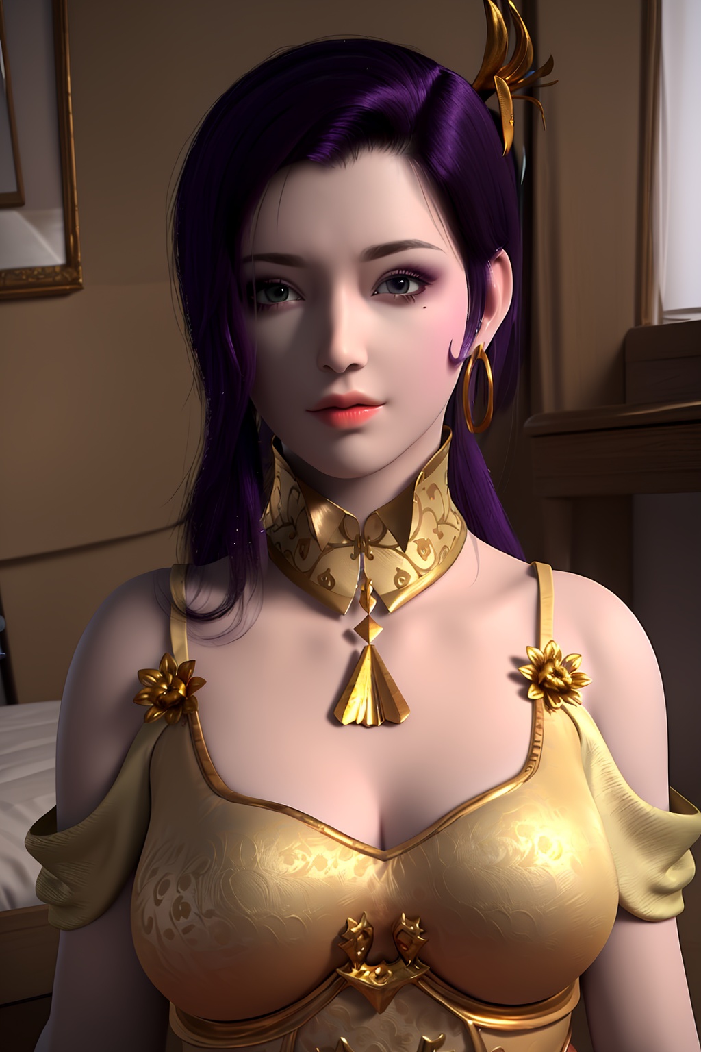 3D,masterpiece,(best quality),(makeup),official art, extremely detailed cg 8k wallpaper,((crystalstexture skin)), (extremely delicate and beautiful),(highly detailed),(face),(gold_trim),(collar),(off-shoulder_dress)(1girl), (solo), (jewelry), (earrings),(purple_hair),(long_hair),(hair_ornament),(handwear),(breasts),((upper_body)),(closed_mouth),(chinese_clothes),(dress),,(multicolored_clothes),(multicolored_dress),(shiny_clothes),(city,indoor,bed),(bare_shoulders),,((looking_at_viewer)),((Facing the camera)),, <lora:hipoly3DModelLora_v10:0.3>