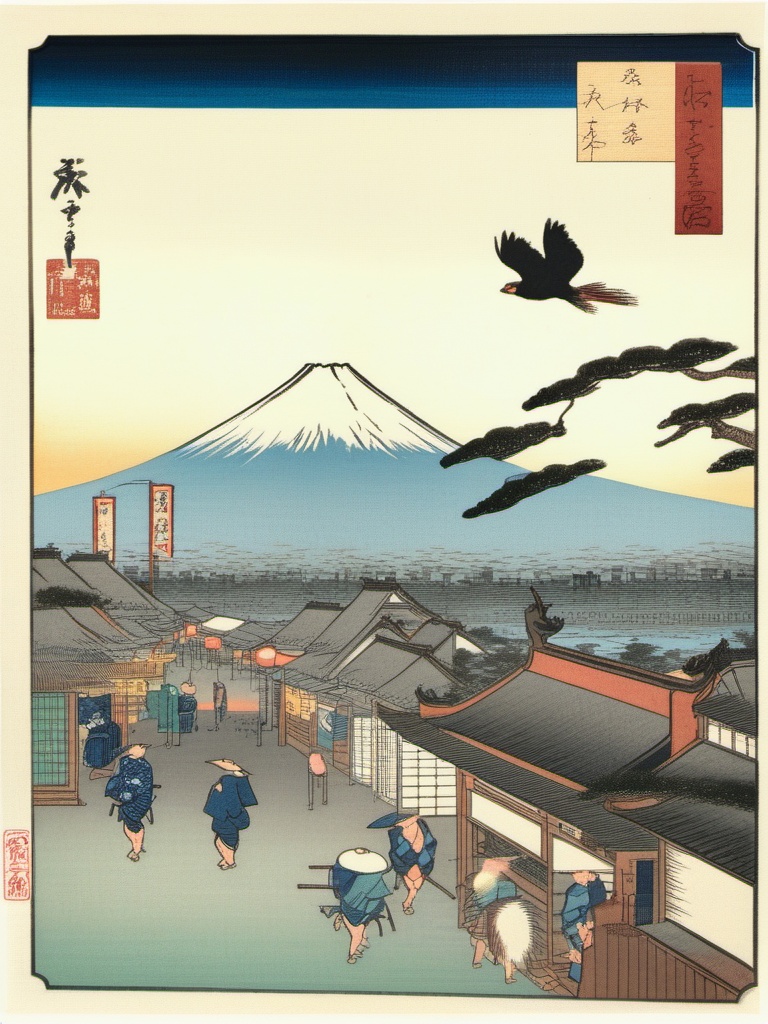 Xgechuanguangchong, Ukiyo-e style, Mount Fuji in the distance behind Tokyo Tower, simplified silhouettes of tourists in foreground, bokashi gradient sky, bird’s-eye perspective