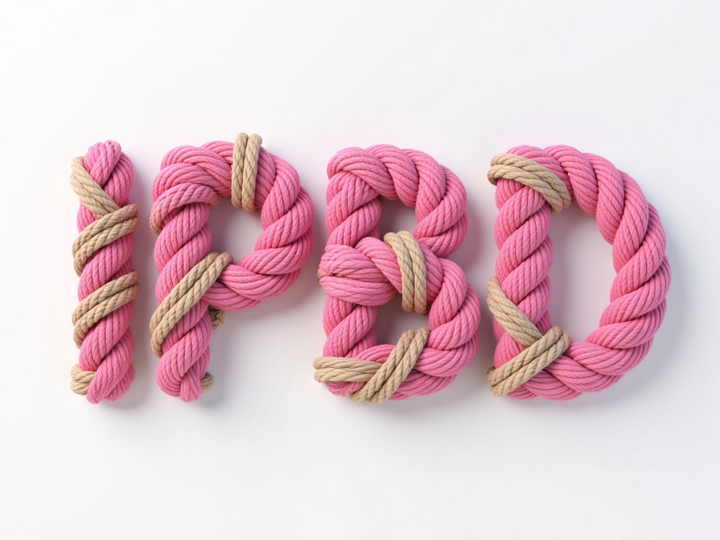 IPBD, Photograph of the number "IP" crafted from thick, textured, pink and beige ropes. The ropes are intricately intertwined, forming the digits with a three-dimensional, knotted appearance. The background is a clean, white surface, emphasizing the vibrant colors and detailed craftsmanship of the rope letters. 
