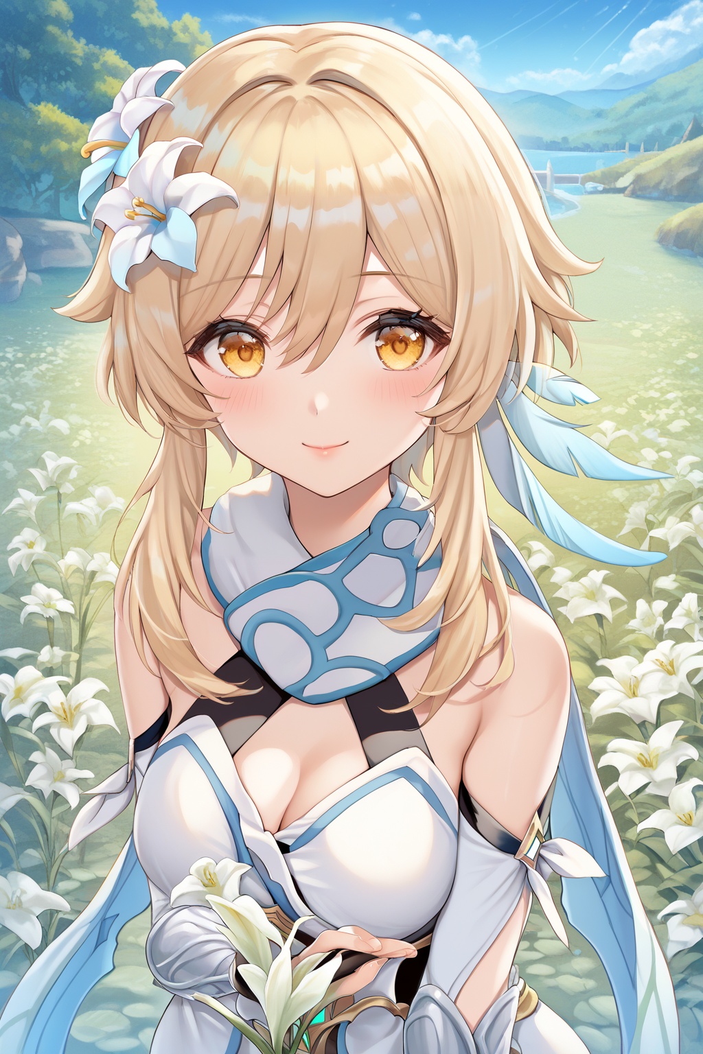 score_9,score_8_up,score_7_up,score_6_up,score_5_up,score_4_up,source_anime,source_cartoon,<lora:lumineTuPONYXL-000008:1>,lumine \(genshin impact\),1girl,flower,breasts,solo,blonde hair,hair ornament,holding,cleavage,dress,holding flower,looking at viewer,hair flower,yellow eyes,white flower,bare shoulders,partially fingerless gloves,detached sleeves,hair between eyes,sidelocks,short hair with long locks,closed mouth,upper body,blush,medium breasts,outdoors,scarf,smile,lily \(flower\),