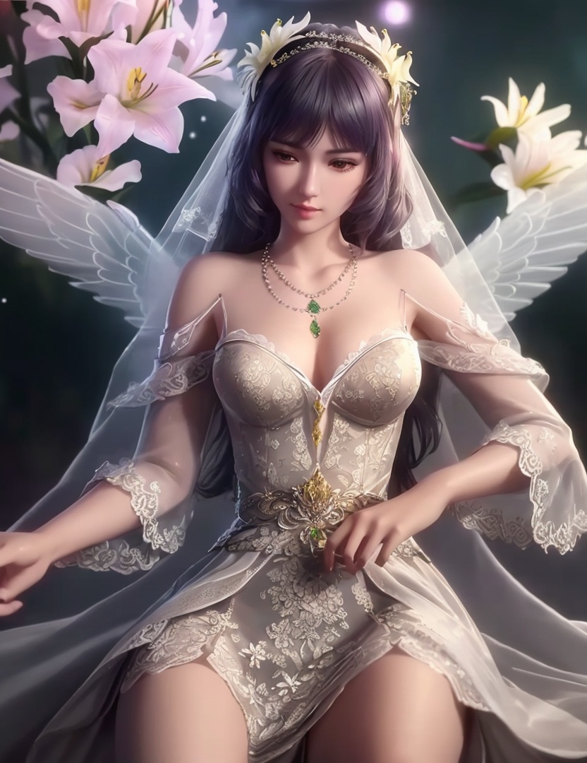 ultra realistic 8k cg, picture-perfect face, flawless, clean, masterpiece, professional artwork, famous artwork, cinematic lighting, cinematic bloom, perfect face, beautiful face, fantasy, dreamlike, unreal, science fiction,   lace, lace trim, lace-trimmed legwear,  (rich:1.4), prestige, luxury, jewelry, diamond, gold, pearl, gem, sapphire, ruby, emerald, intricate detail, delicate pattern, charming, alluring, seductive, erotic, enchanting, hair ornament, necklace, earrings, bracelet, armlet,halo((,1girl, pov,))  ((, 1girl, solo, star_\(symbol\),lily \(flower\),hair flower, wedding dress, jewelry))<lora:DA_BaiChenXiang:0.6>