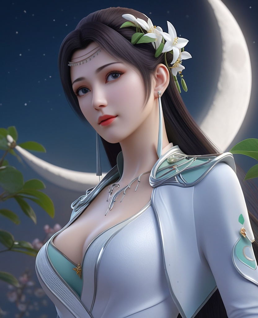 <lora:576-DA-XL-斗破苍穹-云韵-白服:0.8>(,1girl, ,best quality, ),looking at viewer,  ,,ultra detailed background,ultra detailed background,ultra realistic 8k cg, ,masterpiece, (( , )),, realistic,science fiction,mole, ultra realistic 8k cg, ,     ,crescent moon, jasmine \(flower\),     (cleavage), (),