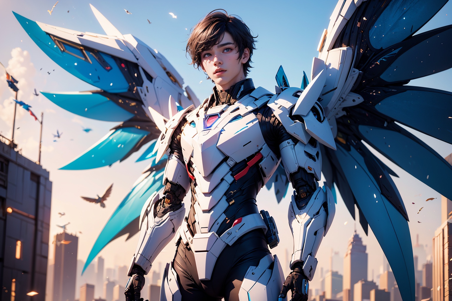 1boy,concept artwork,black hair,(a lonely solo boy:1.4),sky,wing,wings with fans,graphics card fan,strong male mecha warrior,mighty and domineering,cool mecha,32k,blue and white color scheme,white armor,white_background,standing,cowboy_shot,<lora:ASuo_v1:1>,