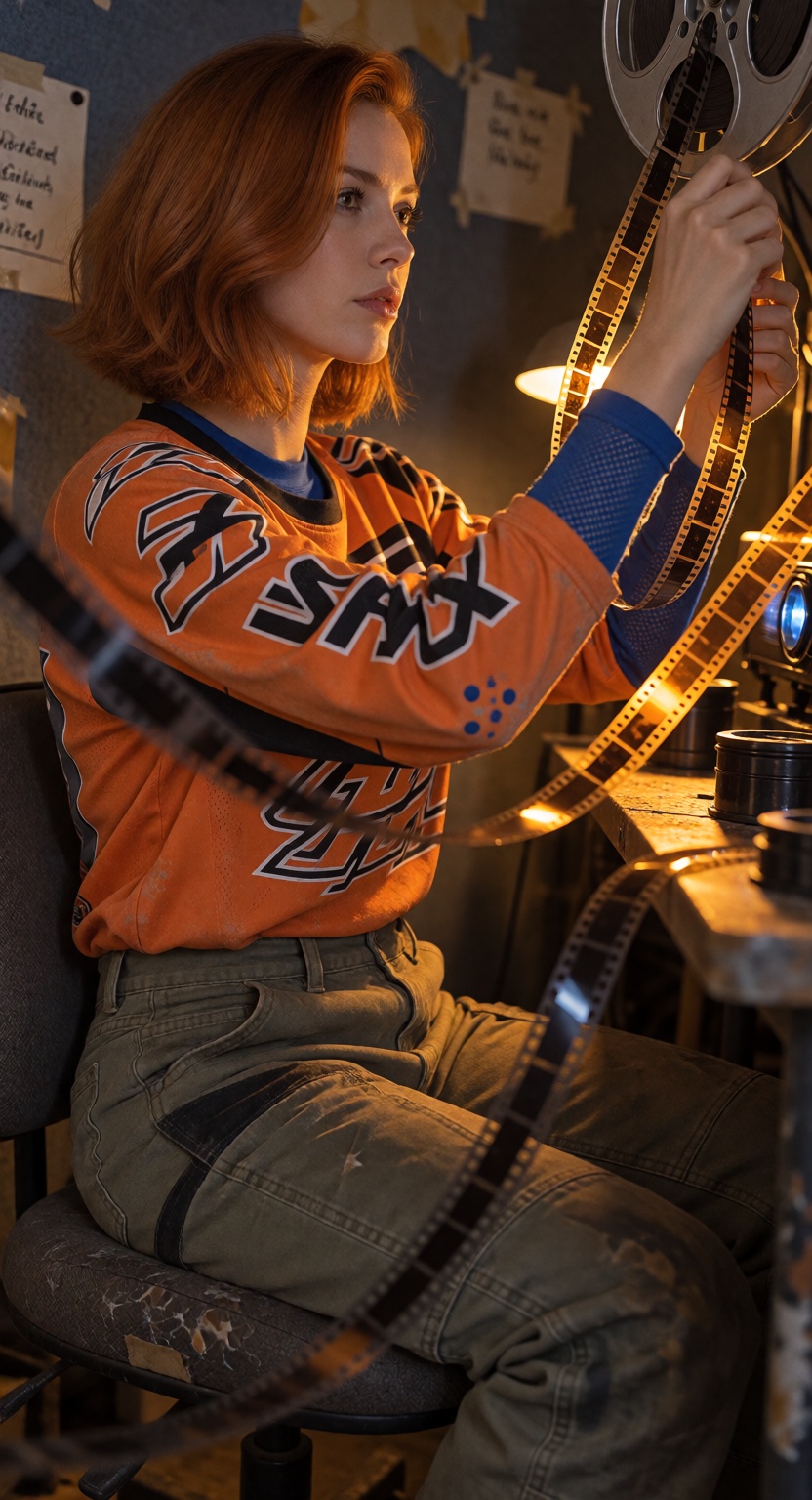 NamiX,  a raw cinematic medium shot of namix twisting backward in a battered swivel chair inside a cramped projection boot...