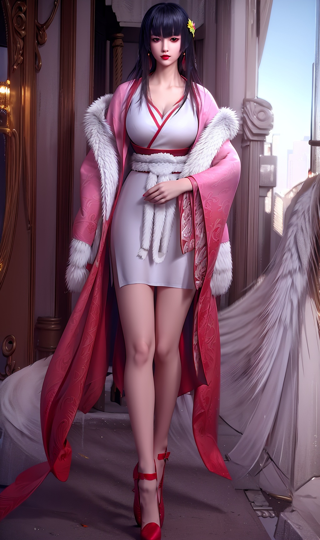 3D,masterpiece,(best quality),(makeup),official art, extremely detailed cg 8k wallpaper,((crystalstexture skin)), (extremely delicate and beautiful),(highly detailed),(face),(closed_mouth),(1girl), (solo), (jewelry), (earrings),(black_hair),(long_hair),(hair_ornament),(handwear),(breasts),((standing)),((full_body,whole_body)),(dress),(skirt),(shiny_clothes),(city,outdoor),(multicolored_clothes),(multicolored_dress),,(sash),(coat),,(mink_cashmere),(shawl),,(long_legs),,((looking_at_viewer)),((Facing the camera)),(shoes),, <lora:hipoly3DModelLora_v10:0.3>